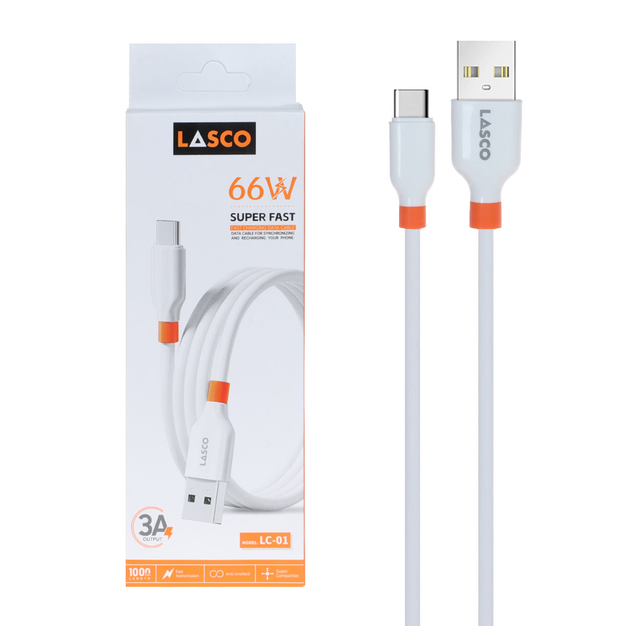 کابل شارژ فست Lasco Type-C مدل LC-01 66W - سفید - DST (گارانتی شش ماهه)